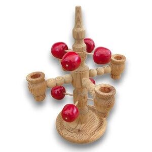 Vintage 60s Swedish Wooden Candelabra Folk Art Candlestick Urshult Tree Apple